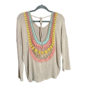 WRANGLER 3/4 sleeve open back crochet tie back top